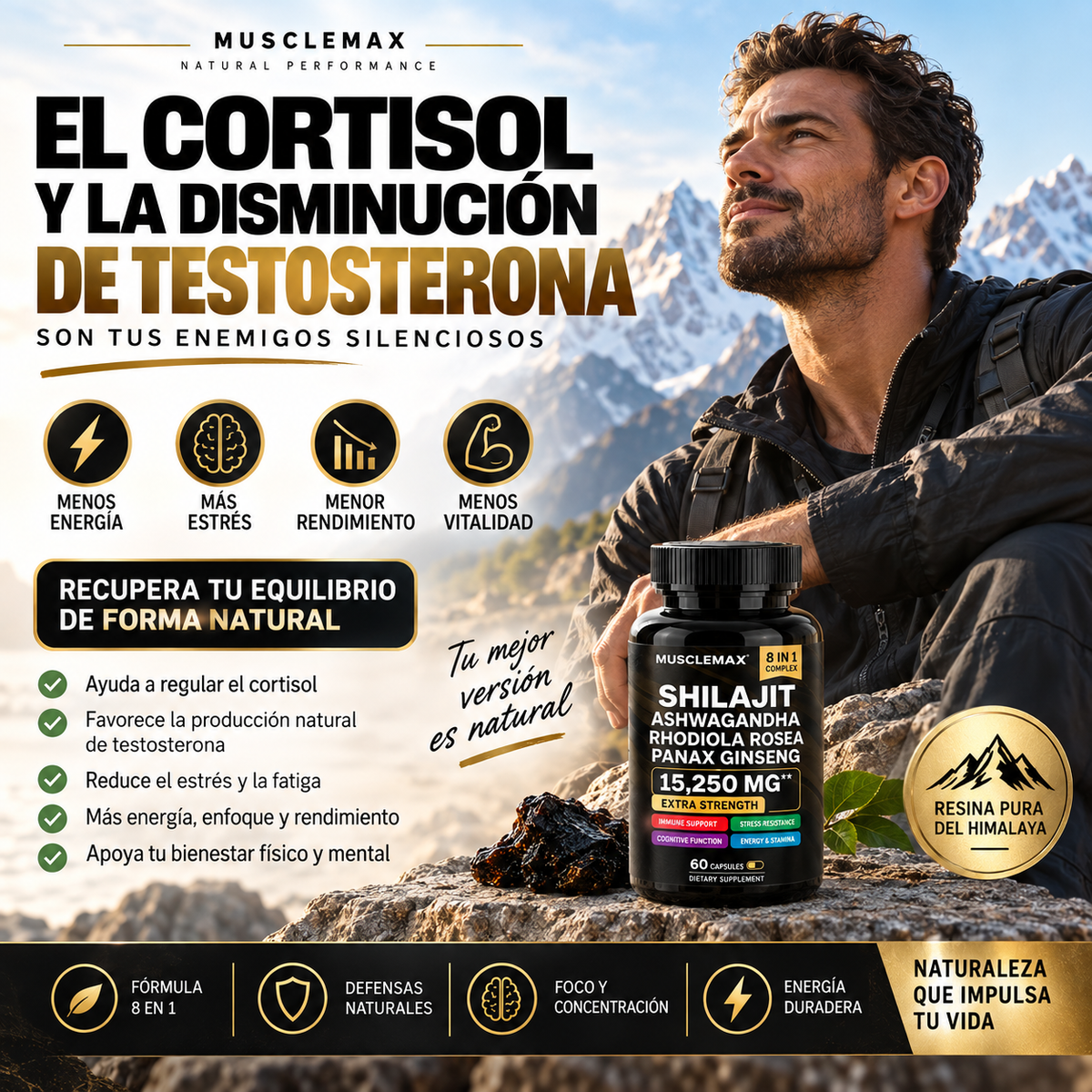 Shilajit + Ashwagandha + Rhodiola Rosea + Panax Ginseng – Suplemento Natural Energizante 60 Cápsulas