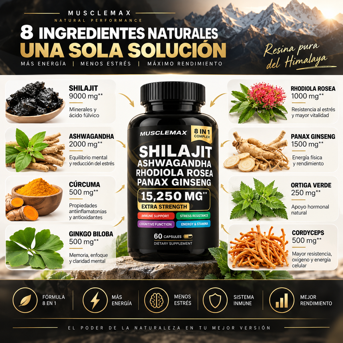 Shilajit + Ashwagandha + Rhodiola Rosea + Panax Ginseng – Suplemento Natural Energizante 60 Cápsulas